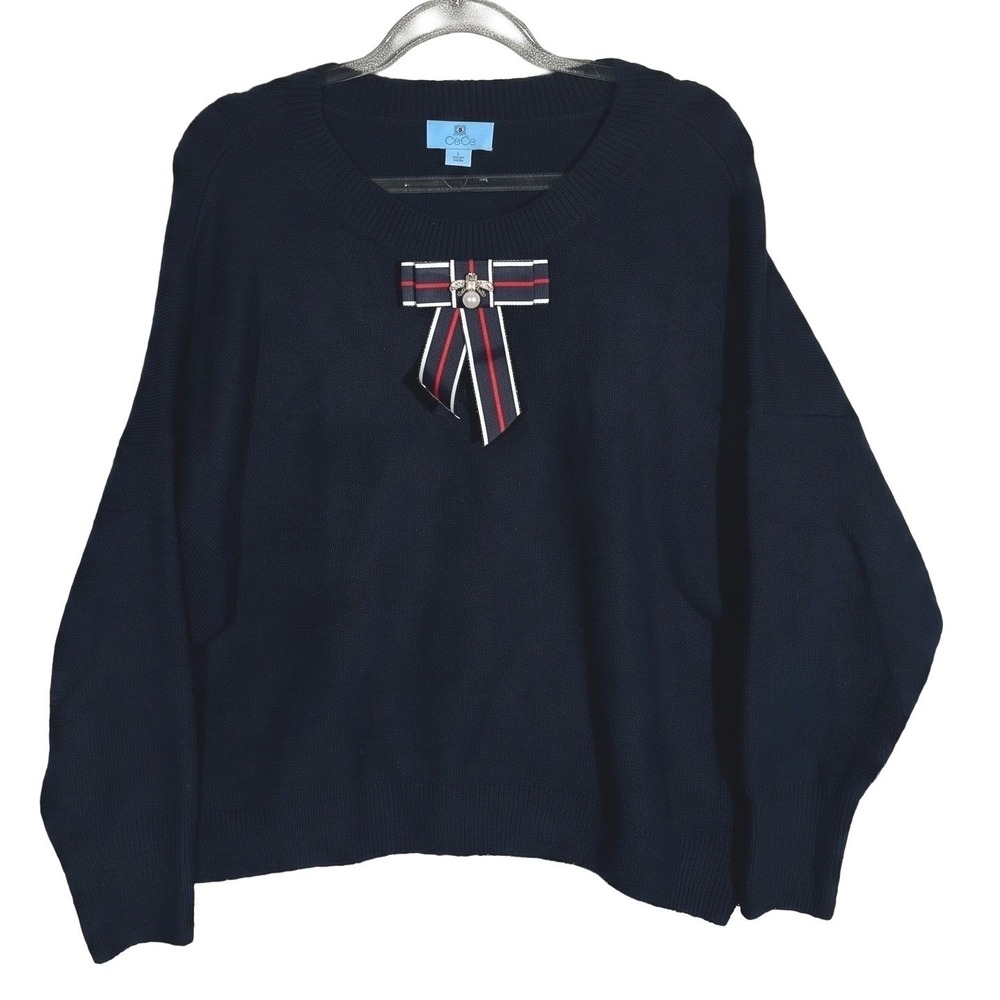 CeCe Bee Bow Sweater Women L Navy Blue Embellished Knit Pullover Long Sleeve